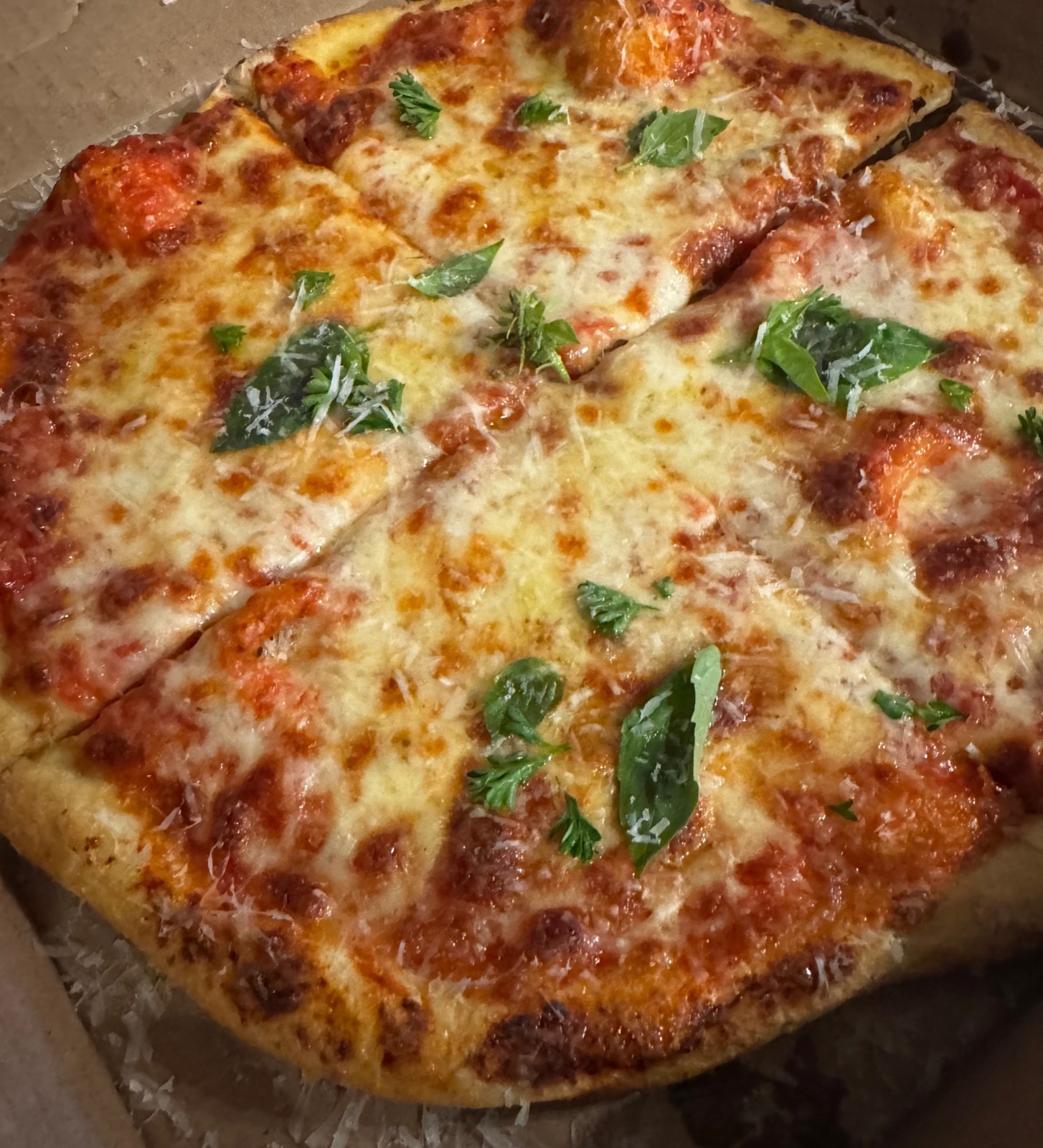 A cheese pizza topped with fresh basil leaves and grated parmesan