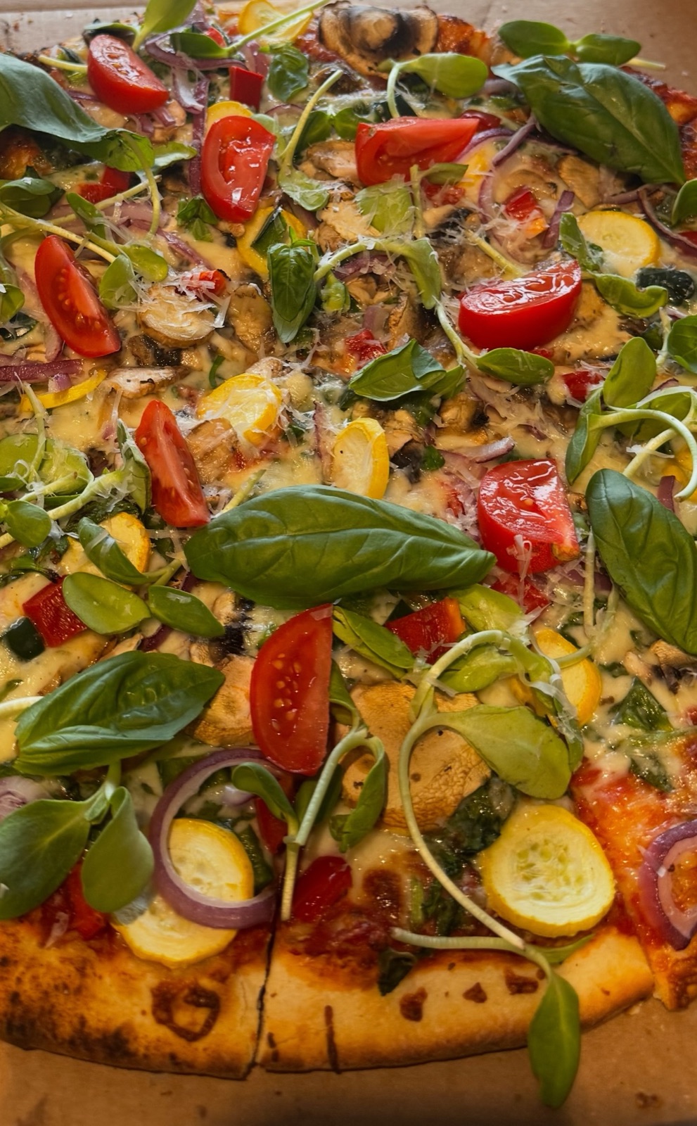 Close-up of a veggie pizza with tomatoes, squash, red onion, peppers, and fresh basil
